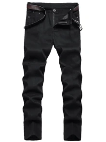 4 Pcs Men's Slim Fit Solid Color Jeans Multi-Pack | Classic Versatile All-Season Denim Trousers Bundle For Casual Wear - 黑色+紅色+深藍色+卡其色 - 查看 3