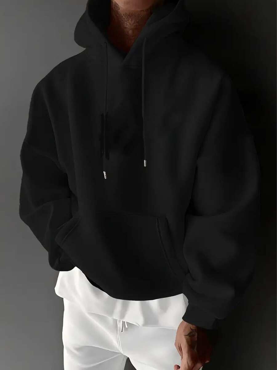 Men's Casual Minimalist Solid Color Kangaroo Pocket Drawstring Hoodie, Suitable For Daily Commute, Autumn/Winter - Black - View 1