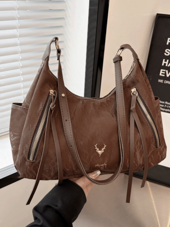 1 pièce, mode polyvalente, design de niche haute valeur, sac à bandoulière croisé porte-document portatif, tissu en PU de couleur unie avec fermeture éclair et décoration d'étiquetage en métal, bandoulière réglable, sac disponible en plusieurs couleurs, convient pour les déplacements quotidiens et les occasions de shopping pour les femmes.