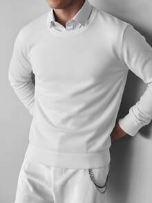 GRDR Men's Casual Solid Color Crew Neck Sweater - White - View 2