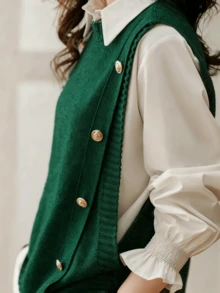 休闲简约欧美风百搭优雅成熟时尚无袖纽扣圆领针织背心，适合大码年轻女性，纯色