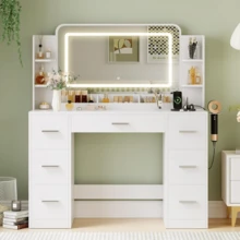 Furniwell Vanity Desk With Lights, Large LED Mirror With 3 Color Modes, Makeup Vanity With Power Outlet & USB Ports, 7 Drawers - 查看 1