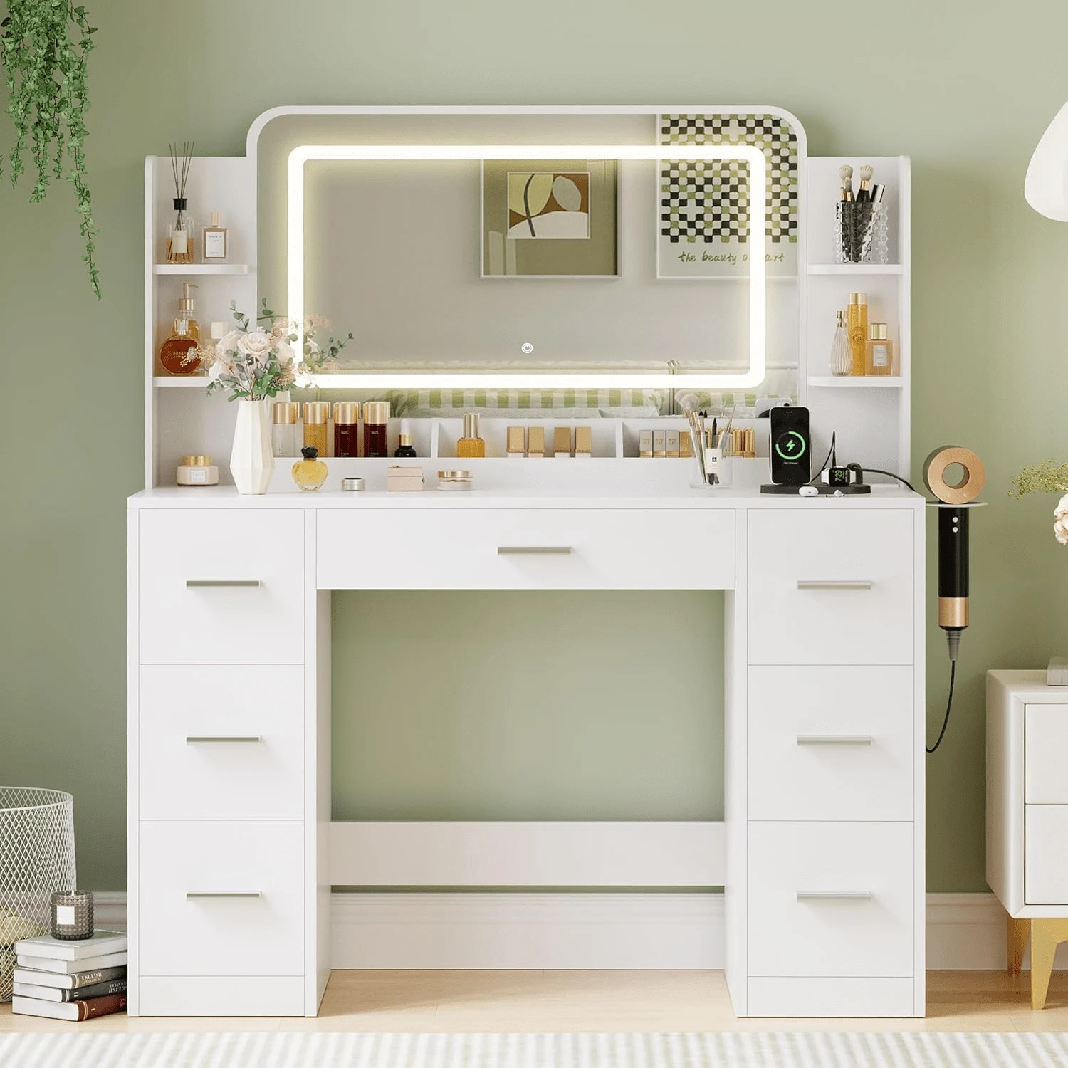 Furniwell Vanity Desk With Lights, Large LED Mirror With 3 Color Modes, Makeup Vanity With Power Outlet & USB Ports, 7 Drawers - 查看 1