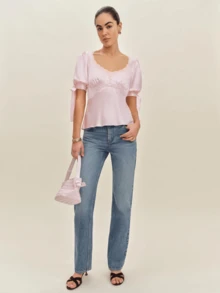 Women's Lace Patchwork V Neck Satin Blouse Drawstring Short Short Sleeve Party Blouse Going Out Shirts Tops - Pink - View 2