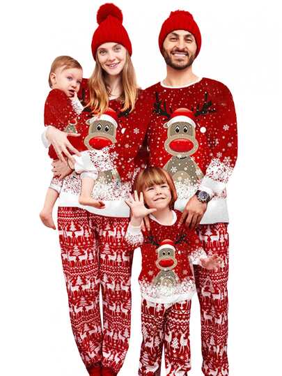 Matching Family Christmas Pajamas Deer Snowflake Print Long Sleeve Pullover + Loose Pants Set Holiday Jammies For Adults And Kids Xmas Sleepwear