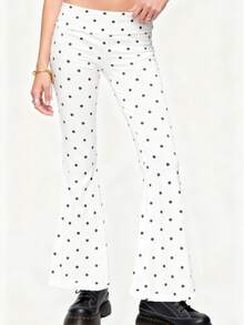 Womens Fold Over Yoga Pants Polka Dot Print Low Rise Lounge Flare Sweatpants Foldover Leggings - trắng - Xem 1
