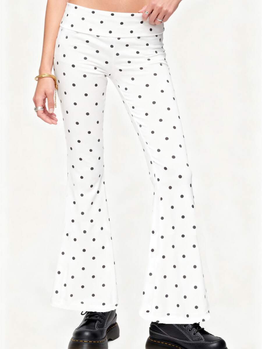 Womens Fold Over Yoga Pants Polka Dot Print Low Rise Lounge Flare Sweatpants Foldover Leggings - trắng - Xem 1