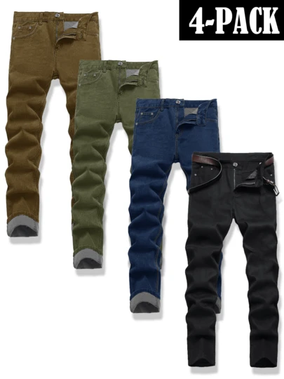 4 Pcs Men's Slim Fit Solid Color Jeans Multi-Pack | Classic Versatile All-Season Denim Trousers Bundle For Casual Wear
