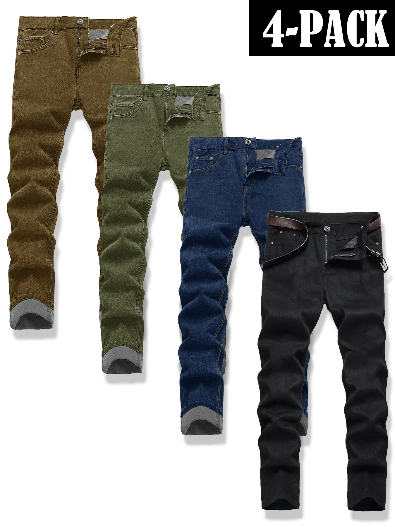 4 Pcs Men's Slim Fit Solid Color Jeans Multi-Pack | Classic Versatile All-Season Denim Trousers Bundle For Casual Wear - Kaki + Xanh lá + Xanh dương + Đen - Xem 1