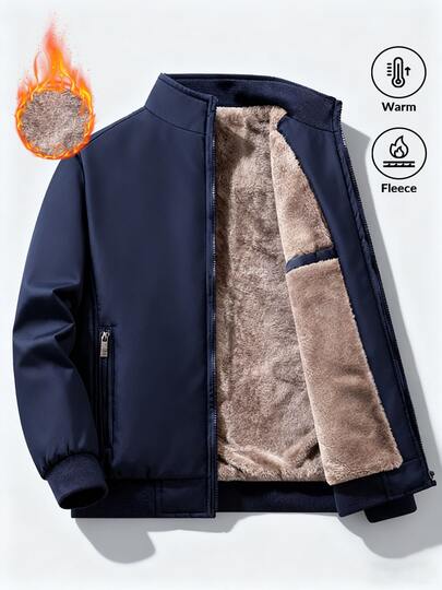 Men's Solid Color Stand Collar Thermal Lined Cotton Jacket, Thick Warm Long Sleeve Cardigan, Multi-Functional Casual Coat With Anti-Theft Zipper Pockets And Inner Pockets, Comfortable Sherpa Lining, Perfect Birthday Gift For Husband Or Boyfriend