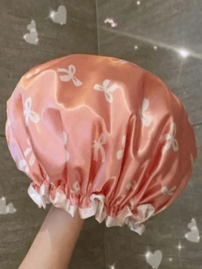 1pcs,Double-Layer Waterproof Satin Shower Cap: Bow-Printed Thickened Design, Adjustable Elastic Band, Reusable Hair Protection Accessory Ideal For Daily Showers, Spa Days, Travel Bath Routines, Salon Treatments, Skincare Sessions, Hotel Stays, Gift Exchanges & Gifting To Self-Care Enthusiasts, Frequent Travelers, Haircare Lovers, Busy Females, Spa Goers Who Cherish Durable Stylish Hair Protection