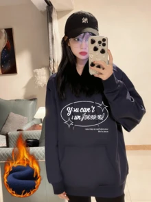 Women's Letter & Star Print Sweatshirt, Fashionable Design, Versatile, Autumn/Winter - Navy Blue - View 3