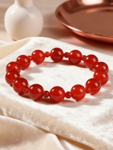 1pc 4+10mm Rosy Zhao Lusi Zhao Style Natural Red Agate Single/Multi-Strand Beaded Bracelet, Natural Healing Stone Jewelry, Fashion Celebrity Same Style Women Handmade Gift - Red - View 4