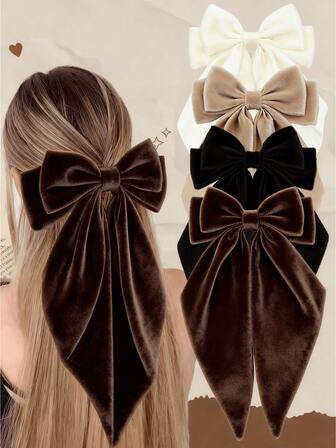 4/1件装天鹅绒蝴蝶结发夹，女士大蝴蝶结发夹，女孩丝滑缎面大号发带，超大长尾蝴蝶结发夹，发饰，礼物，情人节爪夹，学习用品，冬季发饰，女士发饰，发卡