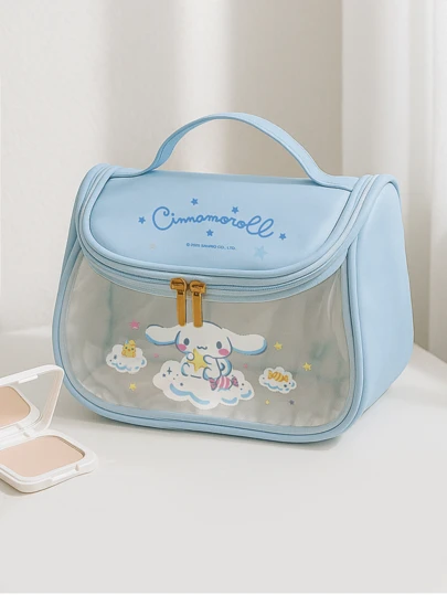 Cinnamoroll Large Capacity Makeup Bag, Light Blue With Star Pattern & Cute Bunny Design, Transparent Front For Quick Access, Durable & Spacious For Travel Essentials, Perfect For Teens & Adults.