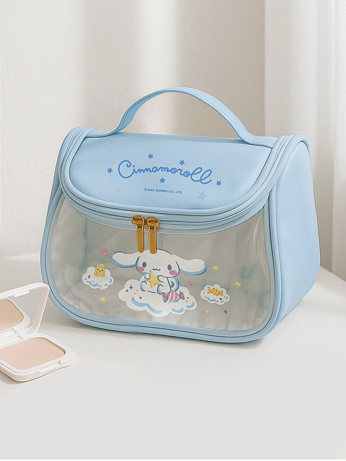 Cinnamoroll Large Capacity Makeup Bag, Light Blue with Star Pattern & Cute Bunny Design, Transparent Front for Quick Access, Durable & Spacious for Travel Essentials, Perfect for Teens & Adults.