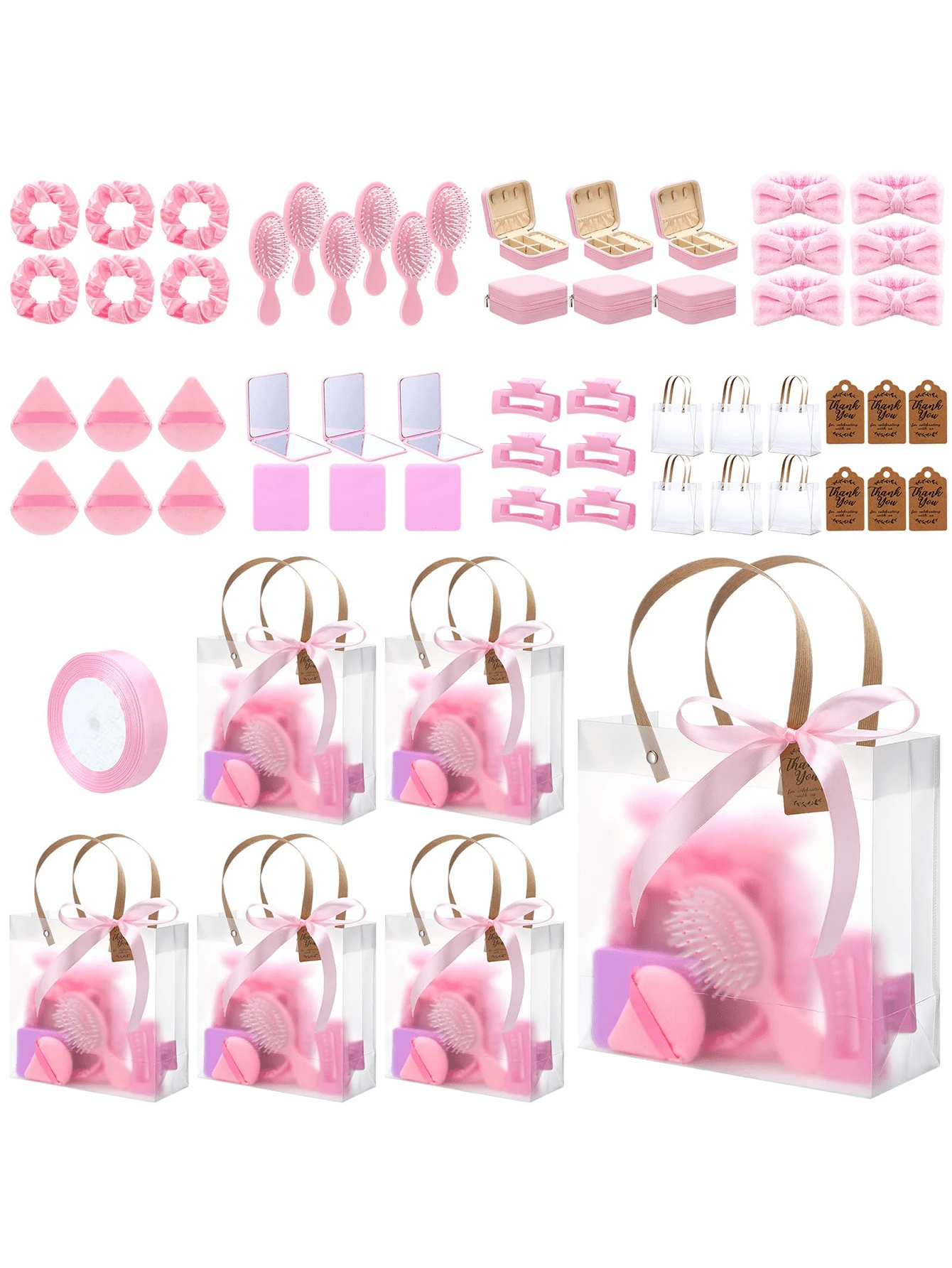 6 Sets Bridal Shower Prizes Gift Set - Includes Headband, Hair Brush, Jewelry Box, Mirror, Powder Puff, Hair Tie & Claw Clip With Gift Bag(Pink) - 粉紅色A - 查看 1
