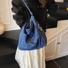 Torebka na ramię z dżinsu vintage, damska, duża pojemność, listonoszka, regulowany pasek, torba na ramię - Wielokolorowe - Zobacz 2