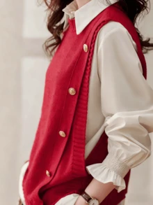 休闲简约欧美风百搭优雅成熟时尚无袖纽扣圆领针织背心，适合大码年轻女性，纯色 - 紅色 - 查看 3