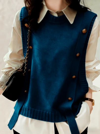 休闲简约欧美风百搭优雅成熟时尚无袖纽扣圆领针织背心，适合大码年轻女性，纯色