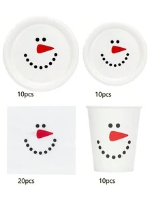 10件/20件/50件/80件圣诞派对餐具套装，冬季雪人主题餐具套装，7英寸和9英寸纸盘，6.5英寸一次性餐巾纸，杯子，适用于圣诞假日晚餐用品 - 白色雪人 - 查看 8
