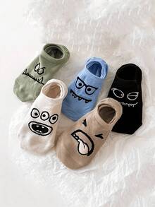 10 PIEZAS/5 pares de calcetines invisibles de corte bajo y cómodos para mujer, calcetines con patrones de dibujos animados lindos e interesantes, que agregan diversión a tu uso diario, calcetines de poliéster, aptos para uso en primavera y verano, lavables a máquina - Multicolor - Ver 2