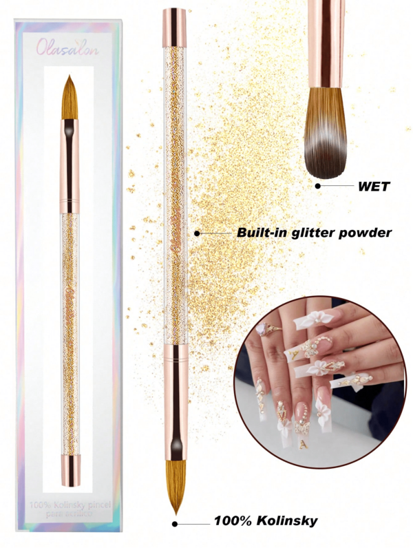 Olasalon Pennello per unghie in acrilico 100% Kolinsky, pennello per unghie in acrilico per manicure, manico glitterato argento e oro, nuovo stile confortevole e durevole