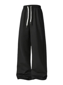 女士直筒休闲运动裤，时尚简约弹力腰带，侧边口袋设计，适合户外及日常穿着。 - 黑色 - 查看 5