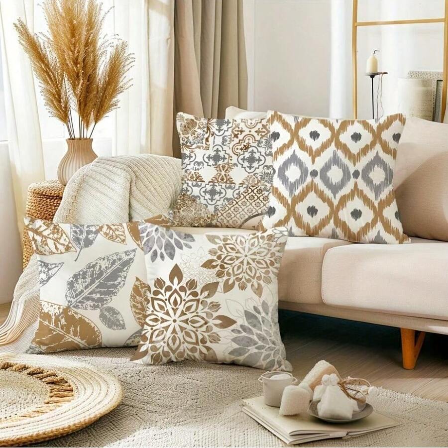 4 件套几何花卉棕色单面印花抱枕套，尺寸为 17.7x17.7 英寸，现代抽象优雅的棕灰色图案，使抱枕套成为农舍家居装饰的绝佳点缀，适用于门廊、露台、沙发，带拉链，可机洗，不含枕芯。 - 彩色 - 查看 1