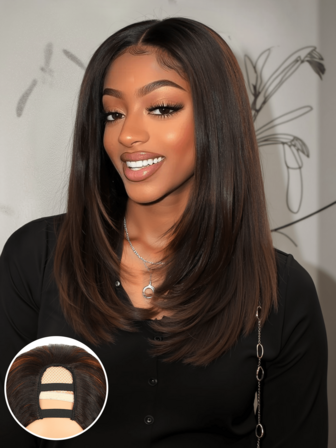 U-del Rakt Layered Bob Highlights Bruna Peruker Yaki Rakt Syntetisk 14 Tum Kort U-del Bob Peruk För Uppgradera U-del Peruk Ingen Isättning Inget Lim