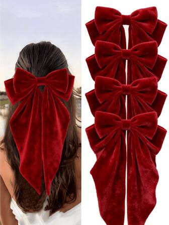 4/1-delat set vinröda hårspännen med rosett, stora hårspännen med satinrosett för kvinnor, överdimensionerade långa hårspännen med rosett, håraccessoarer, present till kvinnor, alla hjärtans dag-klor, skolmaterial, vinterhåraccessoarer, julhårband med rosett, julfjärilsrosetter, hårklor, hårspännen