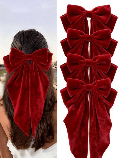 4件套酒红色蝴蝶结发夹，大号缎面蝴蝶结发夹，超大长尾蝴蝶结发夹，发饰，女士礼物，情人节爪夹，学习用品，冬季发饰，圣诞蝴蝶结发带，圣诞蝴蝶结，发爪，发夹，头部饰品