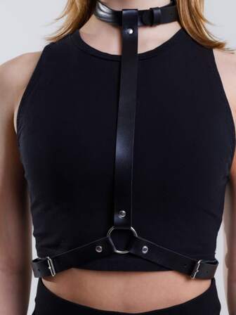 Fashion Black Faux Leather Harness Waist Body Belt Punk Chest Belt With Chains Outfit Accessoreis