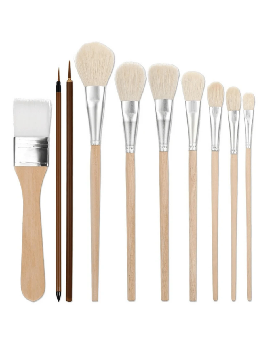 10 件套陶瓷釉面油漆刷和拖把刷组合，山羊毛混合拖把刷适用于丙烯画、陶瓷、金箔 - 白色 - 查看 1