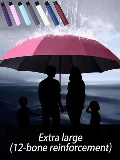 12 Ribs Extra Large Black Windproof Waterproof Folding Umbrella, Essential For Business Men And Women Travel, Suitable For Sunny And Rainy Days, Aluminum Alloy Shaft, Automatic Open And Close, Lightweight, Effective UV Protection, Foldable, Compact And Portable, Automatic Open And Close, Rain-Proof, Sun-Proof Umbrella For Ladies