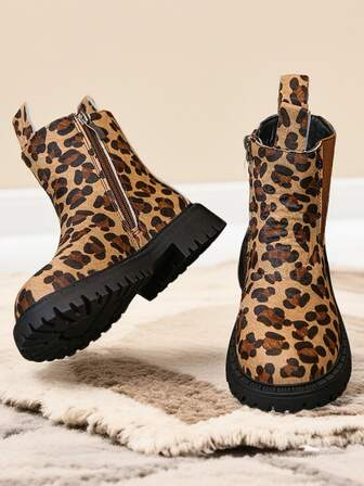 Girls Leopard Patch Combat Boots – Black PU Boots With Studs And Side Zipper
