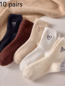情人节礼物 5双/包 女士春秋冬加厚保暖可爱纯色心形图案貂绒袜 简约纯色中筒袜 - 彩色 - 查看 10