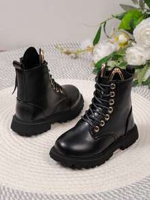 1 Pasang Sepatu Bot Anak Perempuan Modis Warna Hitam dengan Resleting Samping - Hitam - View 4