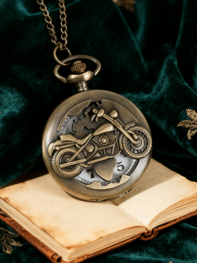 1pc Antique Copper Quartz Pocket Watch, Hollowed Out Motorcycle Pattern Design, Decorative Gift For Friends And Family, Couple Gift, Men's Clothing Accessories, Bag Pendant Accessories, Men's And Women's Gifts, Souvenirs, Retro Series