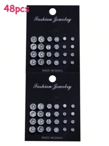 72/48/24件套时尚优雅的闪亮方形和圆形耳钉套装,男女皆宜,是派对、约会或休闲装扮的完美之选。 - 銀色 - 查看 14