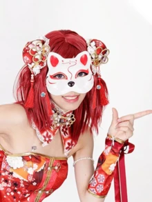 3pcs Cosplay Cat Mask, Hand Painted Half Fox & Japanese Style Anime Half Face Cover,Fox Mask Valentine's Day Animal Costume Party Accessories, Cute Kabuki Cosplay Half Face Masquerade Theater Mask Japanese Style,Halloween, Christmas