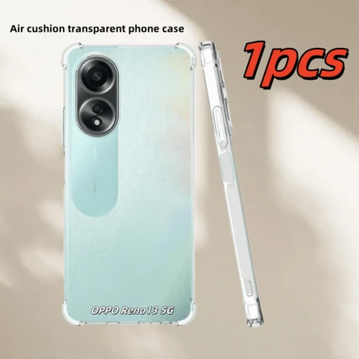 1个透明四角气垫防摔手机壳，兼容Reno13 5G/ Reno11A/ Reno11/ Reno4/ Reno2/ A38/ A18/ A16/ F9/ K10等类似智能手机，透明四角防摔手机壳，手机壳，防摔手机壳，透明手机壳，简约手机壳，纯色手机壳，透明手机壳，TPU防摔手机壳