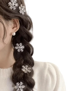 10个圣诞水钻雪花发夹，女士秋冬侧刘海夹，新年水钻雪花发饰，女士发饰，发爪，发夹，发卡 - 銀色 - 查看 3