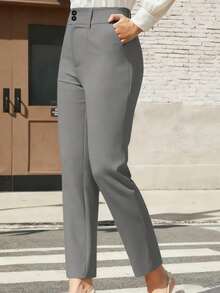 High Waist Double Button Design Slim Fit Pants Spring - Grey - View 2