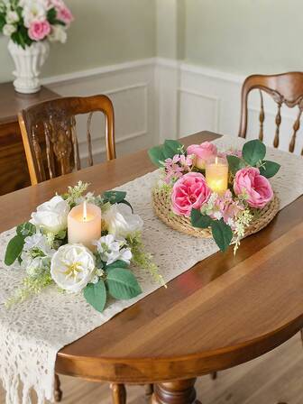 1pc/2pcs Wedding Candle Holder Garland Austin Candle Ring Table Centerpiece Silk Candle Home Party Holiday Decor