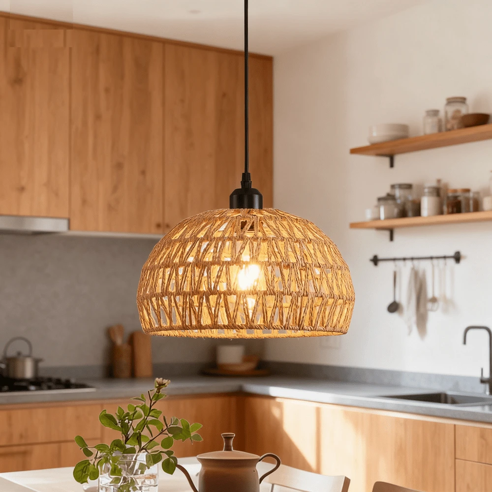 Rattan Pendant Light Fixture,Boho Pendant Light For Kitchen, Rustic Farmhouse Chandelier Light Fixture, Woven Hanging Lamp Fixture For Dining Room Bedroom, Hallway - 1 GÓI - Xem 1