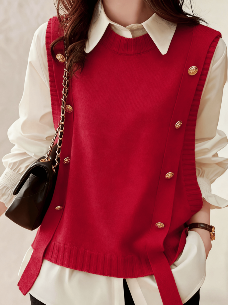 休闲简约欧美风百搭优雅成熟时尚无袖纽扣圆领针织背心，适合大码年轻女性，纯色 - 紅色 - 查看 1