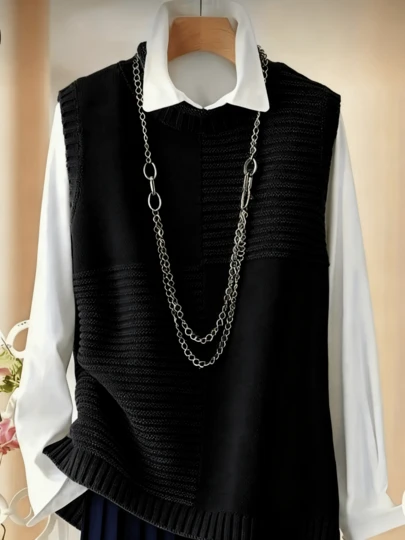 大码女式套头毛衣背心，优雅欧美风，百搭休闲纯色圆领无袖针织衫背心，适合春、秋、冬三季穿着，黑色