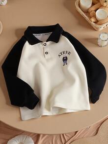 New Spring/Autumn Polo Collar Long Sleeve Layering Shirt, Toddler/Kids Beige T-Shirt Top, Boys Patchwork Shirt Stylish Fashion T-Shirt