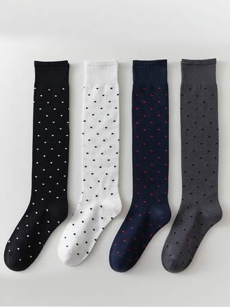 日式波点中筒袜，适合春季、秋季及所有季节；百搭长袜，韩式复古百搭波点叠层设计。